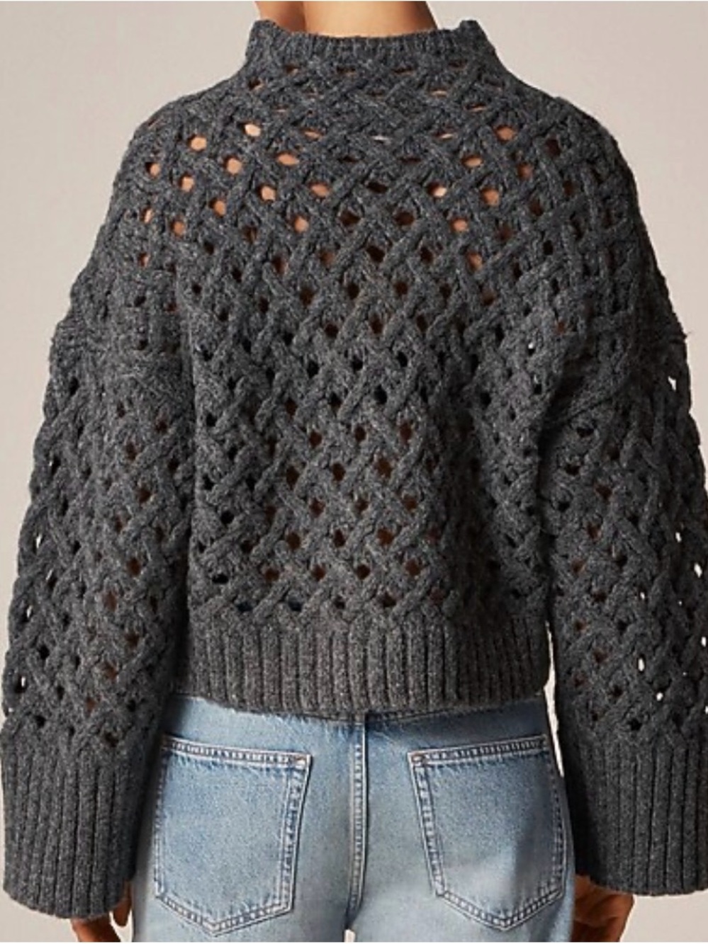 J Crew Chunky Open Knit Cross-cable Sz: M Dark Gray mockneck wool blend sweater. - Picture 2 of 13